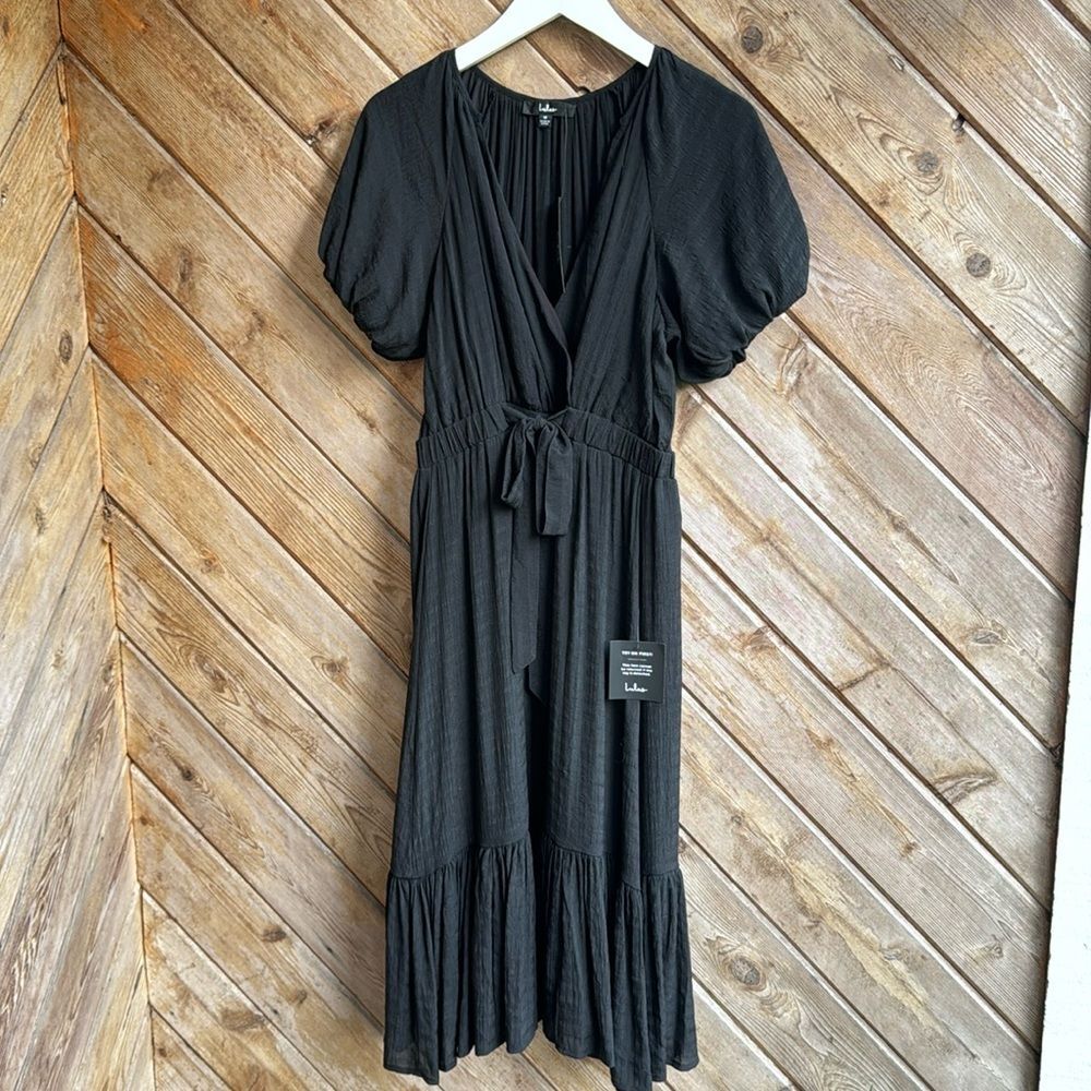 Lulus black midi ruffle puff sleeve v neck dress size medium new NWT
